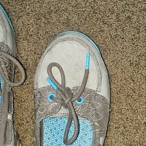 Columbia PFG Omni Grip Slip On Boat Shoe, Khaki / Turquois Women's Shoe , Sz 8.5